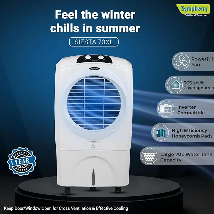 Symphony Desert Air Cooler, 70L, White, SIESTA 70XL - Image 2