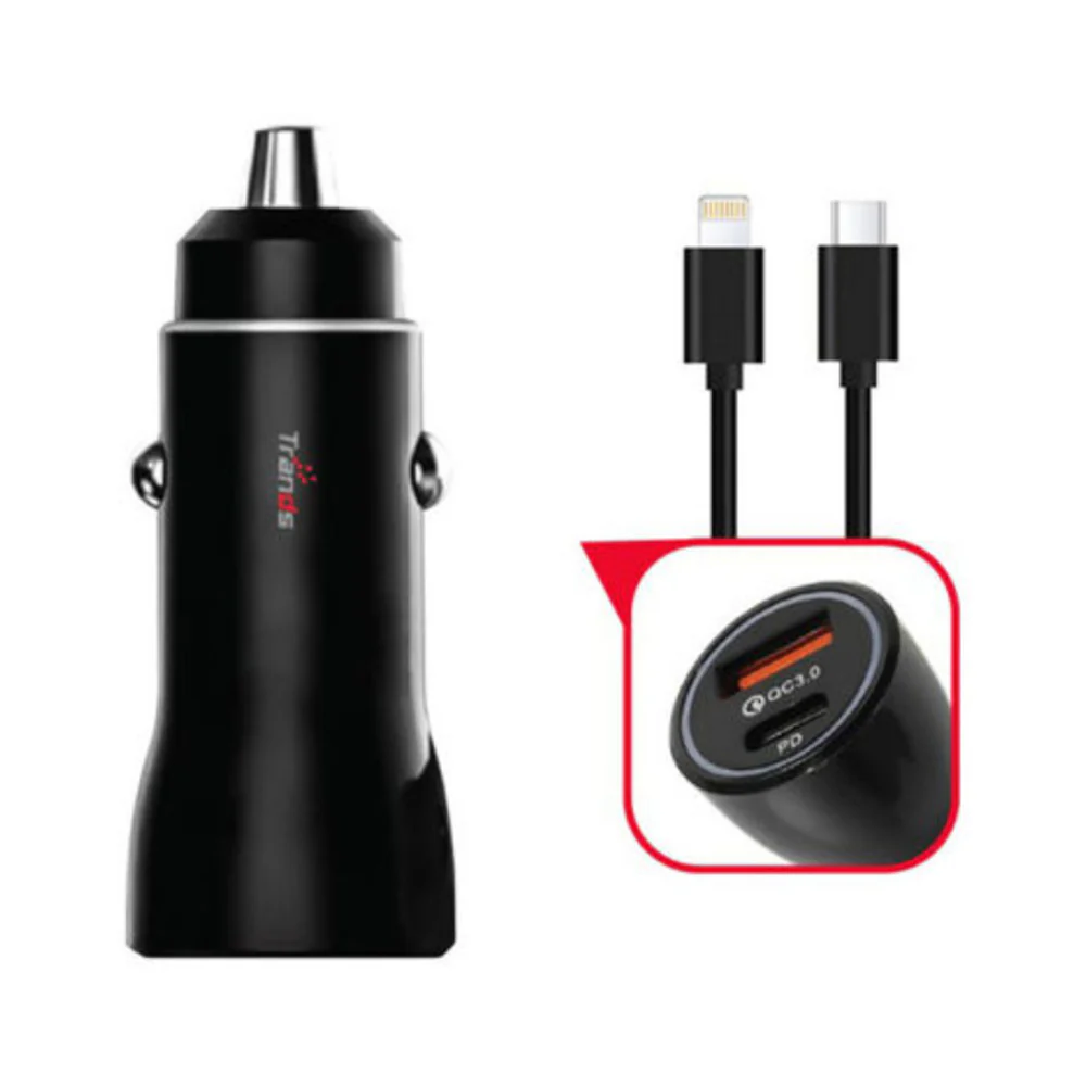 Trands Car Phone Charger With Type-C To Lightning Cable Black - Image 2